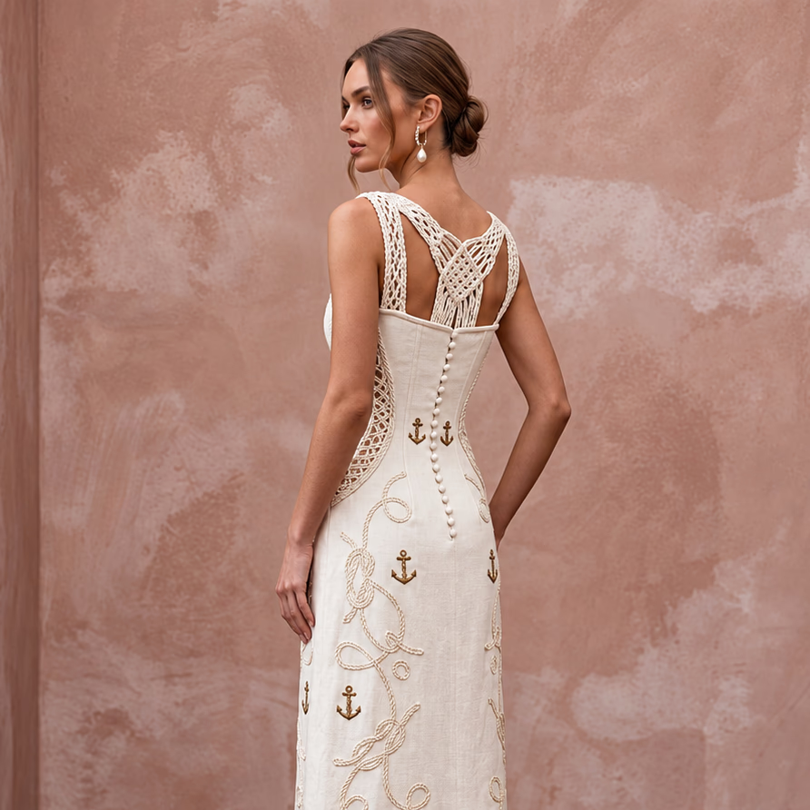 Nautical-Inspired Ivory Linen Midi Wedding Dress for Seaside Engagement