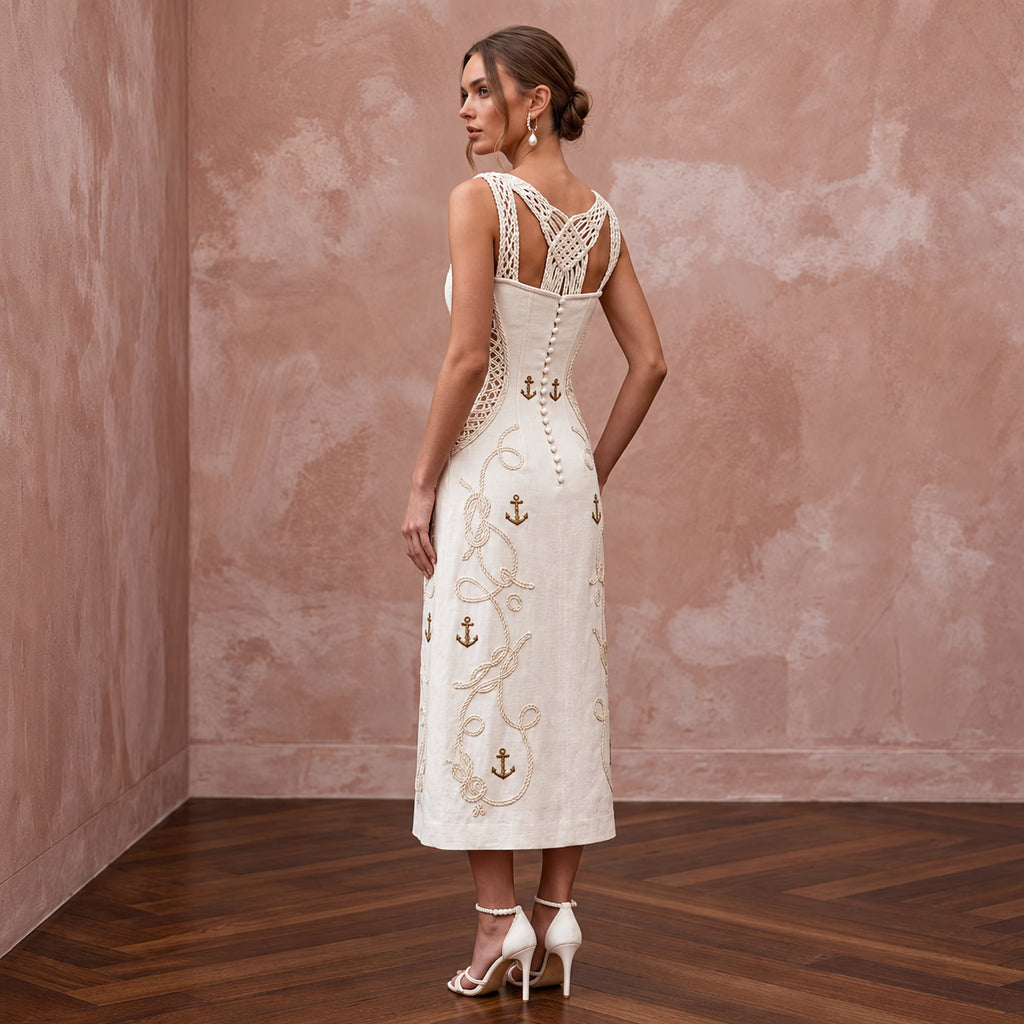 Nautical-Inspired Ivory Linen Midi Wedding Dress for Seaside Engagement