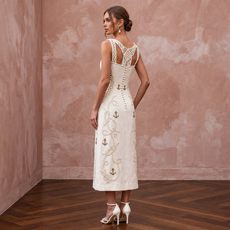 Nautical-Inspired Ivory Linen Midi Wedding Dress for Seaside Engagement
