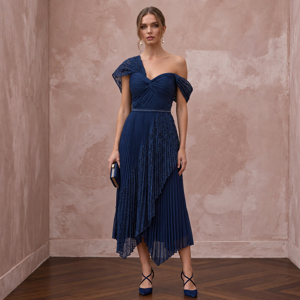 Navy Blue Chiffon Pleated Midi Cocktail Dress for Wedding Guest