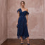 Navy Blue Chiffon Pleated Midi Cocktail Dress for Wedding Guest