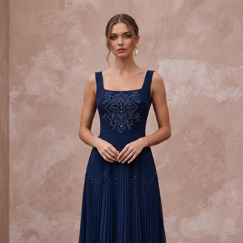 Navy Blue Chiffon Pleated Midi Cocktail Dress for Wedding Guest