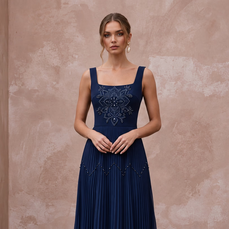 Navy Blue Chiffon Pleated Midi Cocktail Dress for Wedding Guest