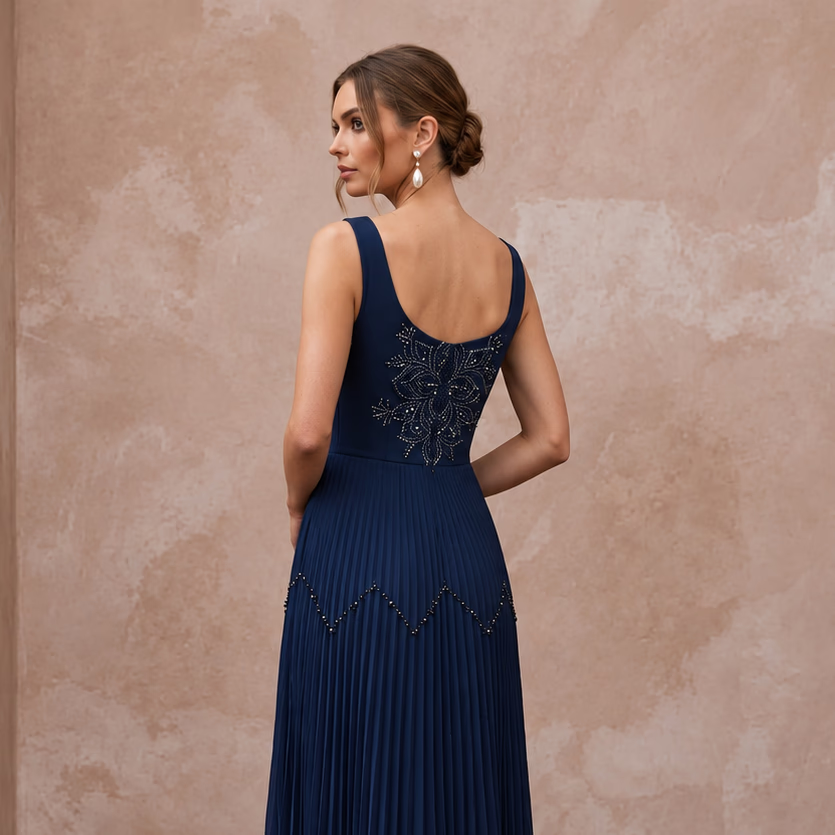 Navy Blue Chiffon Pleated Midi Cocktail Dress for Wedding Guest