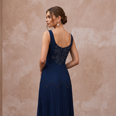 Navy Blue Chiffon Pleated Midi Cocktail Dress for Wedding Guest