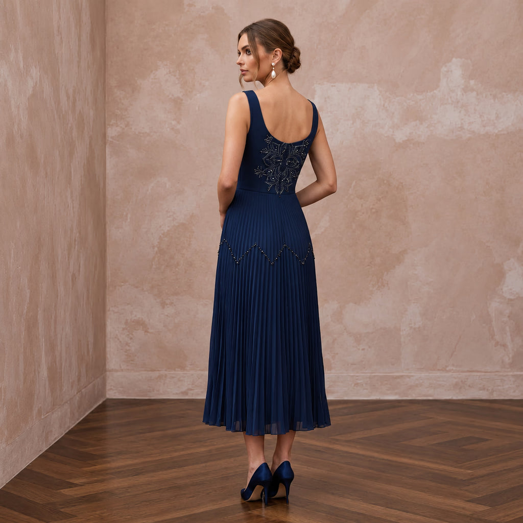 Navy Blue Chiffon Pleated Midi Cocktail Dress for Wedding Guest