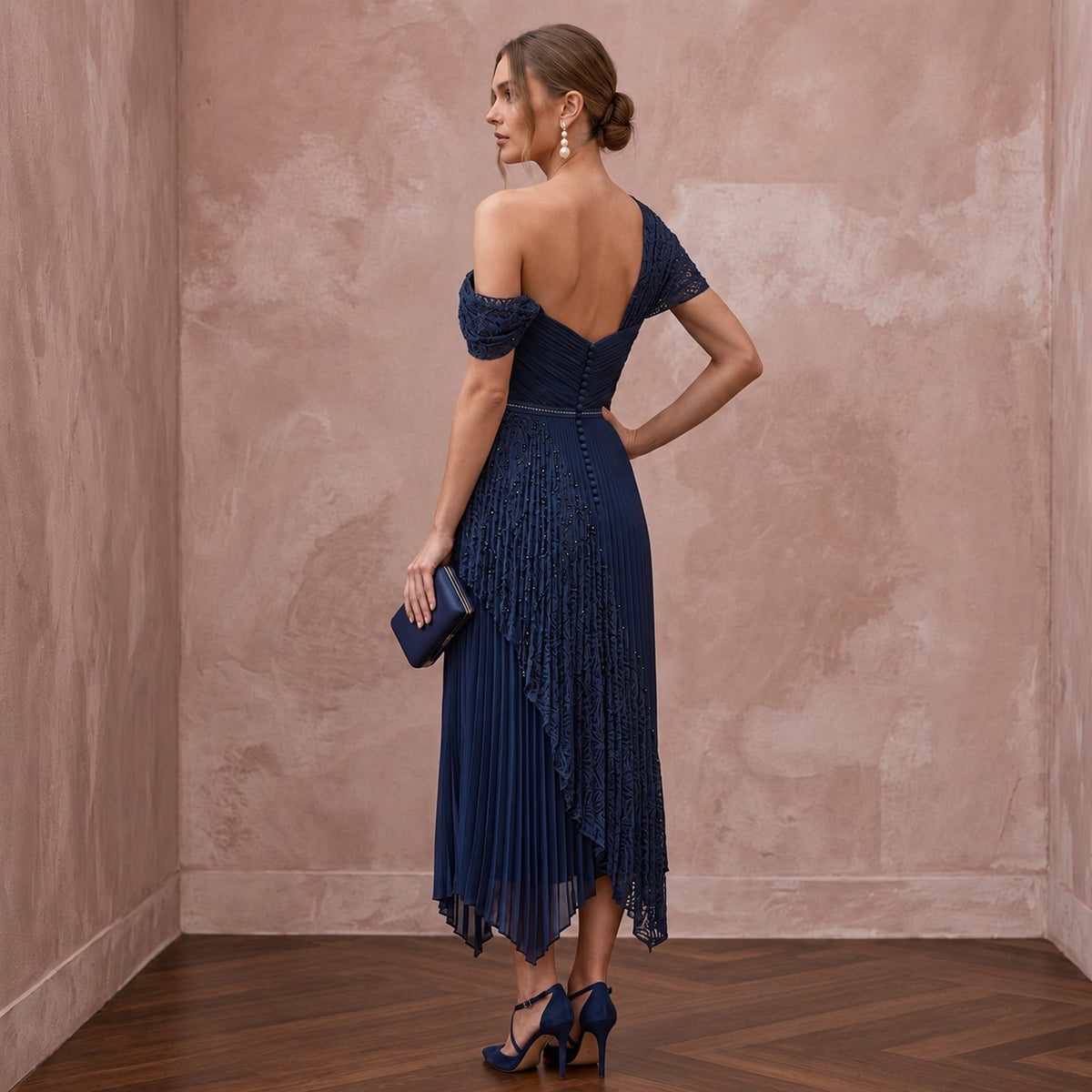Navy Blue Chiffon Pleated Midi Cocktail Dress for Wedding Guest