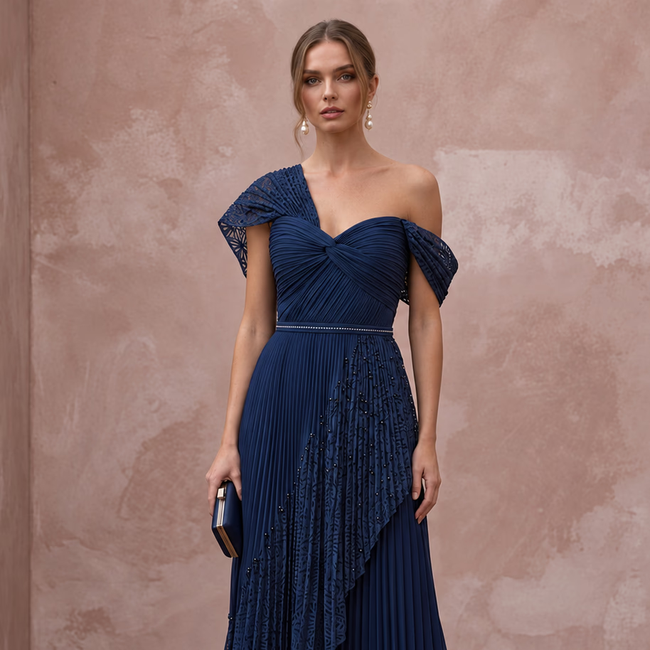 Navy Blue Chiffon Pleated Midi Cocktail Dress for Wedding Guest