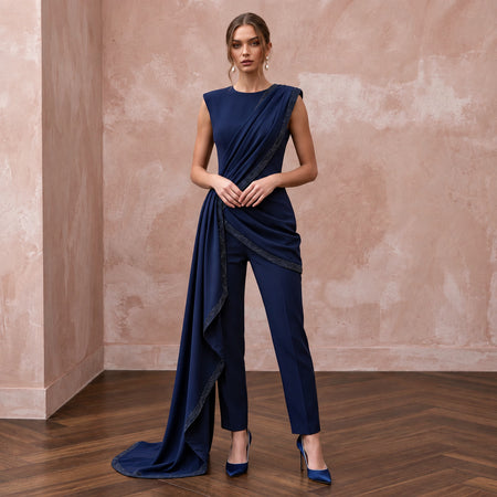 Navy Blue Crepe Tailored Jumpsuit with Asymmetrical Draping