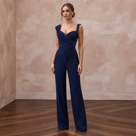 Navy Blue Crepe Tailored Jumpsuit with Asymmetrical Draping