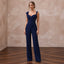 Navy Blue Crepe Tailored Jumpsuit with Asymmetrical Draping