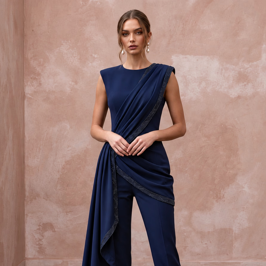 Navy Blue Crepe Tailored Jumpsuit with Asymmetrical Draping