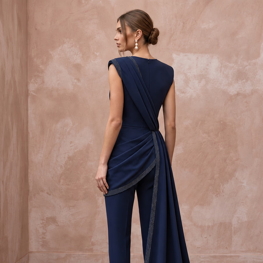 Navy Blue Crepe Tailored Jumpsuit with Asymmetrical Draping