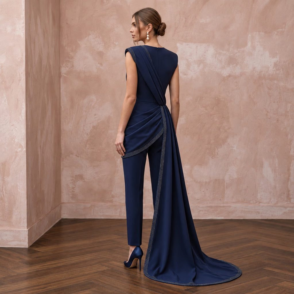 Navy Blue Crepe Tailored Jumpsuit with Asymmetrical Draping