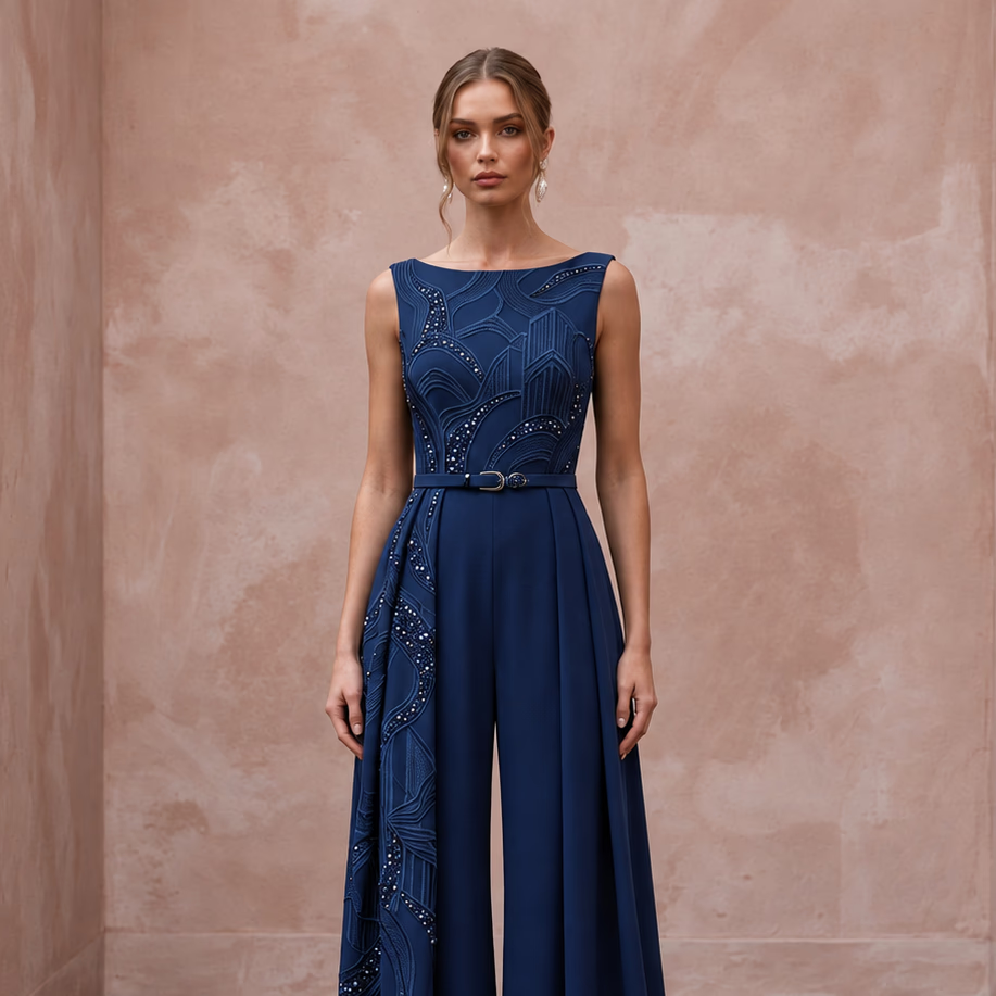 Navy Blue Crepe Tailored Jumpsuit with Wide Leg Trousers