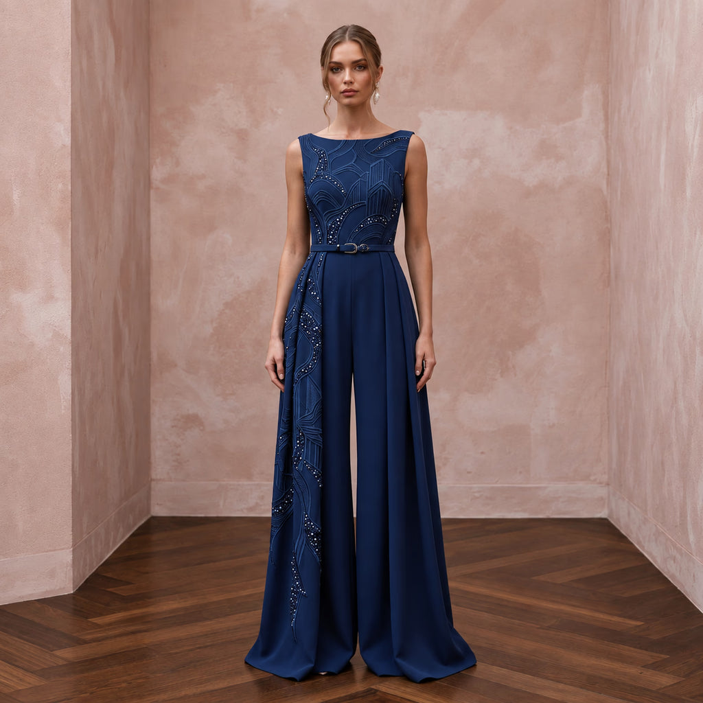 Navy Blue Crepe Tailored Jumpsuit with Wide Leg Trousers