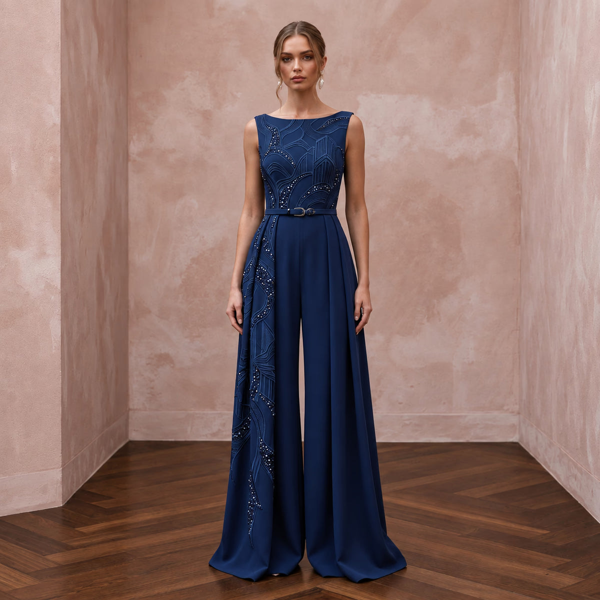 Navy Blue Crepe Tailored Jumpsuit with Wide Leg Trousers