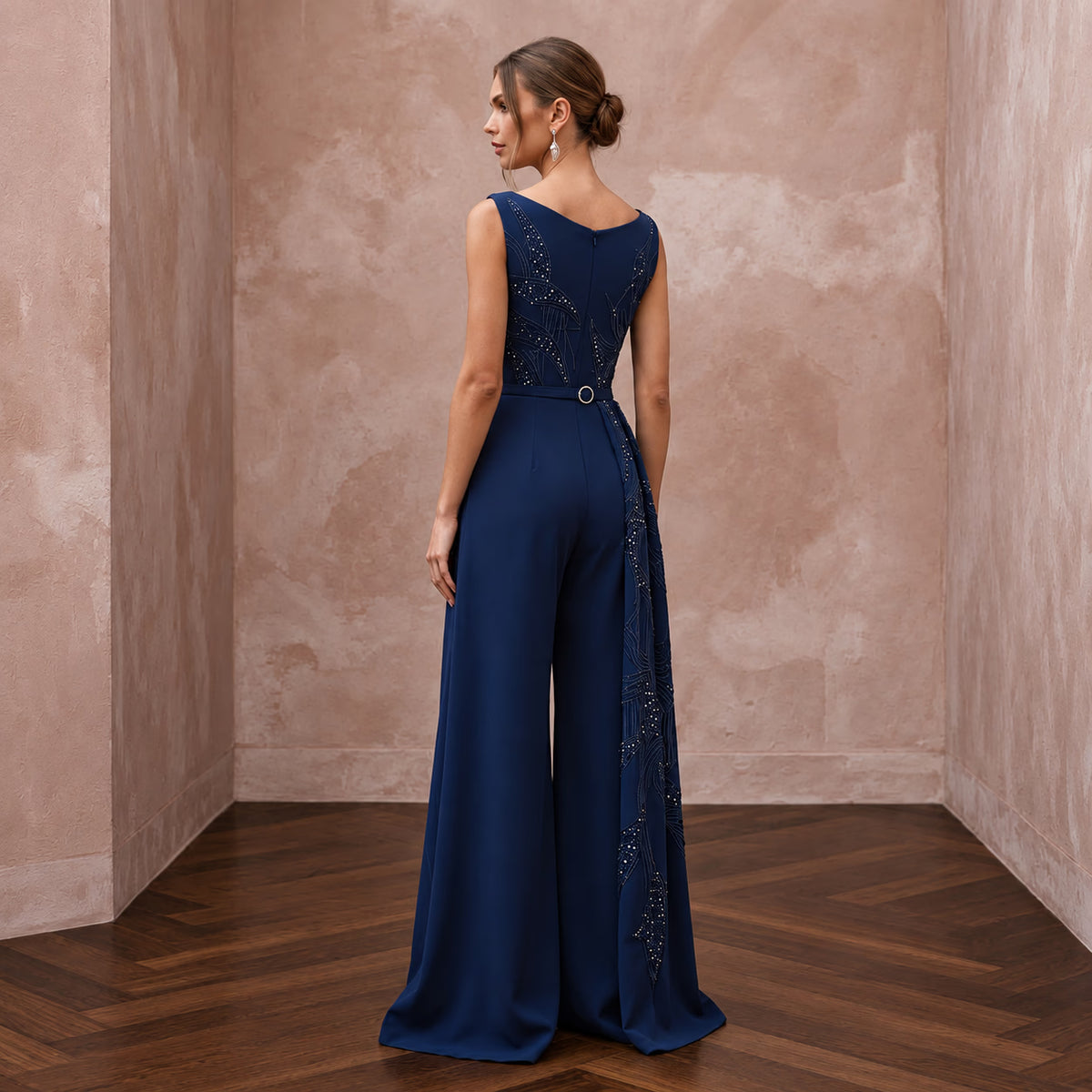 Navy Blue Crepe Tailored Jumpsuit with Wide Leg Trousers