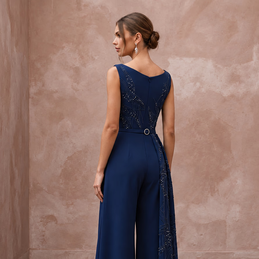 Navy Blue Crepe Tailored Jumpsuit with Wide Leg Trousers