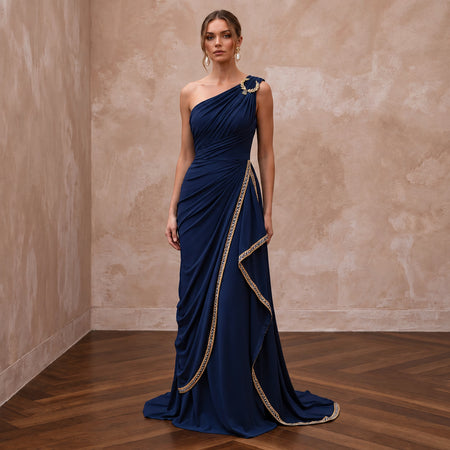 Navy Blue Matte Jersey Draped Grecian One - Shoulder Maxi Dress - Apparel & Accessories > Clothing > Wedding & Bridal Party Dresses > Wedding Dresses - Mignonette Bridal