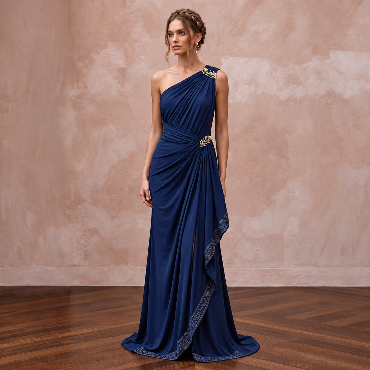 Navy Blue Matte Jersey Draped Grecian One-Shoulder Maxi Dress