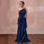 Navy Blue Matte Jersey Draped Grecian One-Shoulder Maxi Dress