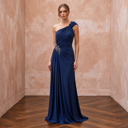 Navy Blue Matte Jersey Draped Grecian One-Shoulder Maxi Dress