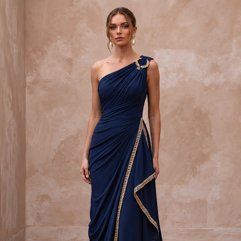 Navy Blue Matte Jersey Draped Grecian One - Shoulder Maxi Dress - Apparel & Accessories > Clothing > Wedding & Bridal Party Dresses > Wedding Dresses - Mignonette Bridal