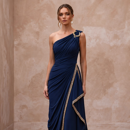 Navy Blue Matte Jersey Draped Grecian One - Shoulder Maxi Dress - Apparel & Accessories > Clothing > Wedding & Bridal Party Dresses > Wedding Dresses - Mignonette Bridal