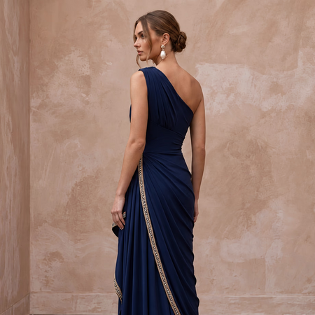 Navy Blue Matte Jersey Draped Grecian One - Shoulder Maxi Dress - Apparel & Accessories > Clothing > Wedding & Bridal Party Dresses > Wedding Dresses - Mignonette Bridal