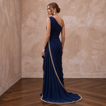 Navy Blue Matte Jersey Draped Grecian One - Shoulder Maxi Dress - Apparel & Accessories > Clothing > Wedding & Bridal Party Dresses > Wedding Dresses - Mignonette Bridal