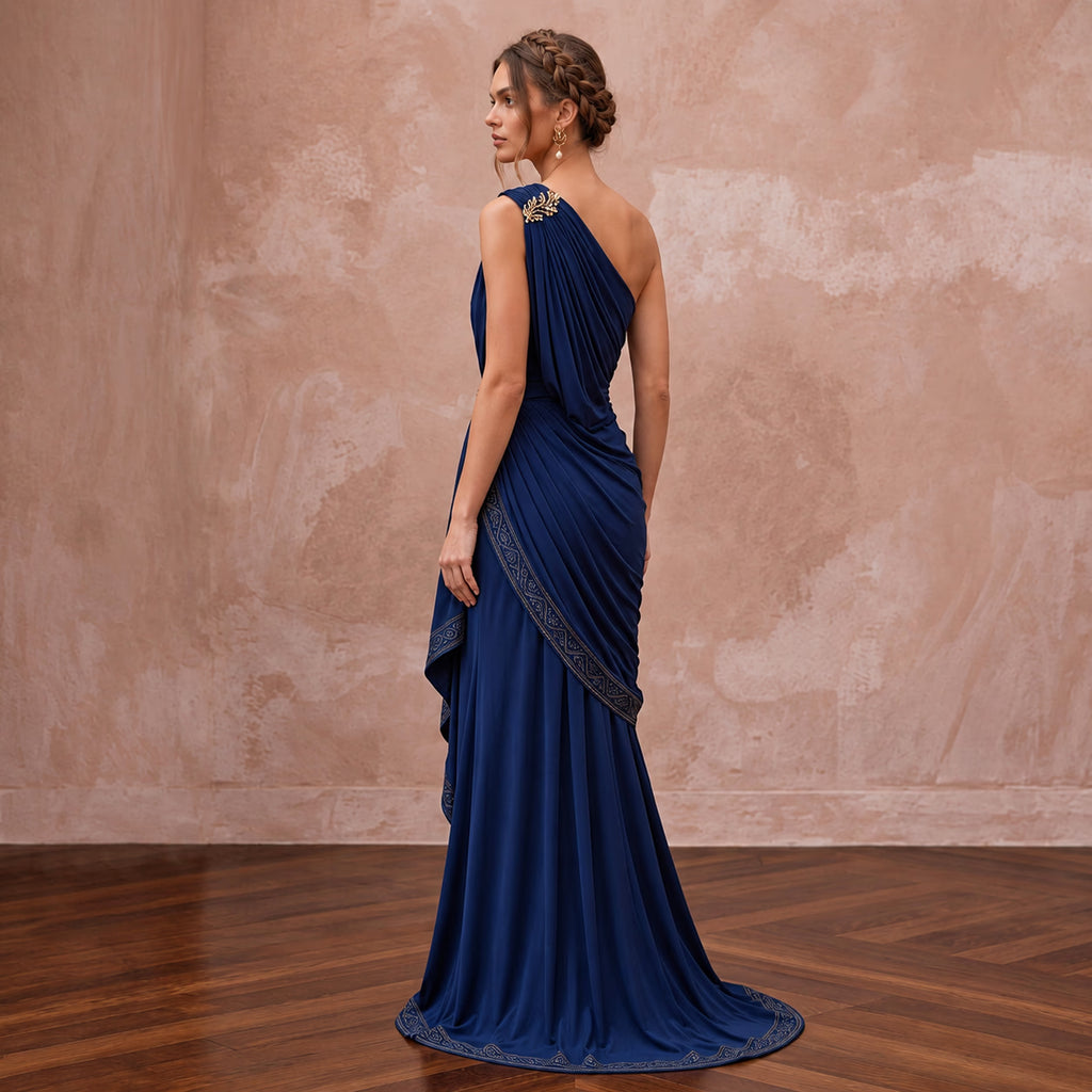 Navy Blue Matte Jersey Draped Grecian One-Shoulder Maxi Dress