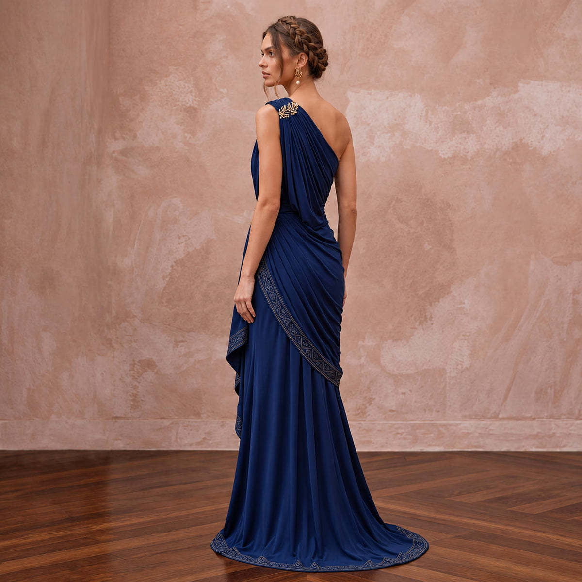 Navy Blue Matte Jersey Draped Grecian One-Shoulder Maxi Dress