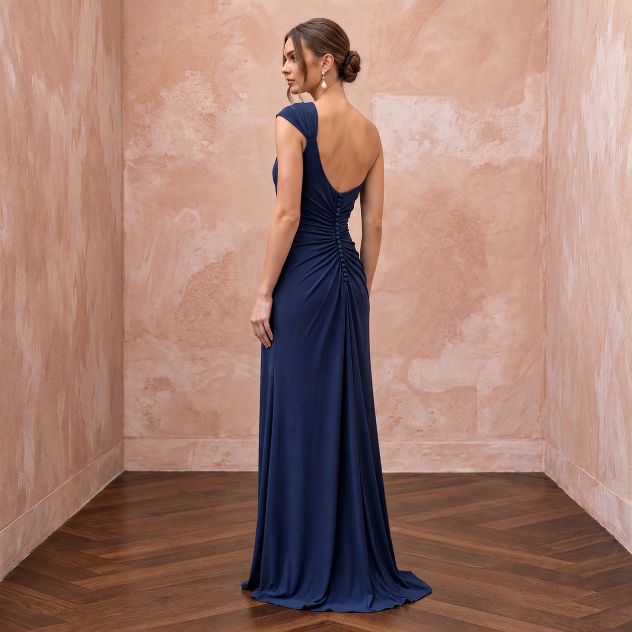 Navy Blue Matte Jersey Draped Grecian One-Shoulder Maxi Dress Secondary image