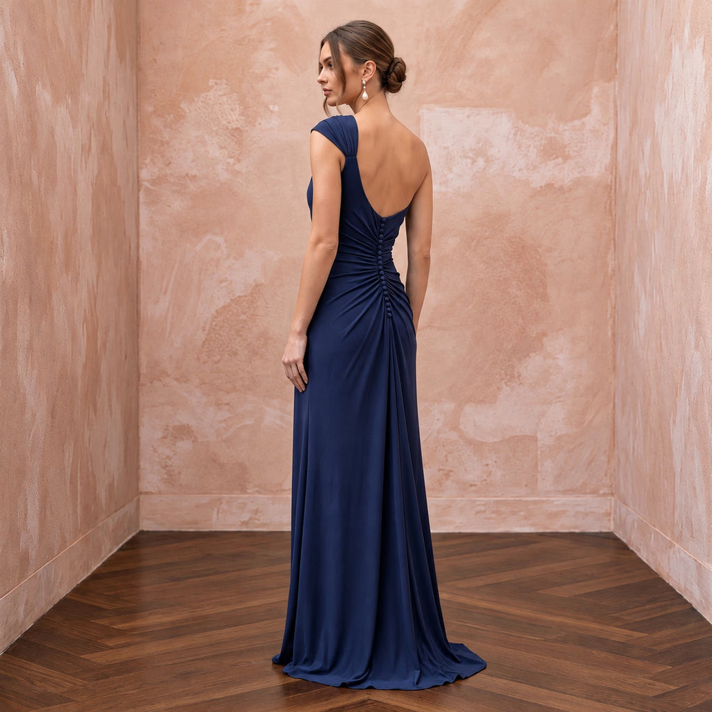 Navy Blue Matte Jersey Draped Grecian One-Shoulder Maxi Dress