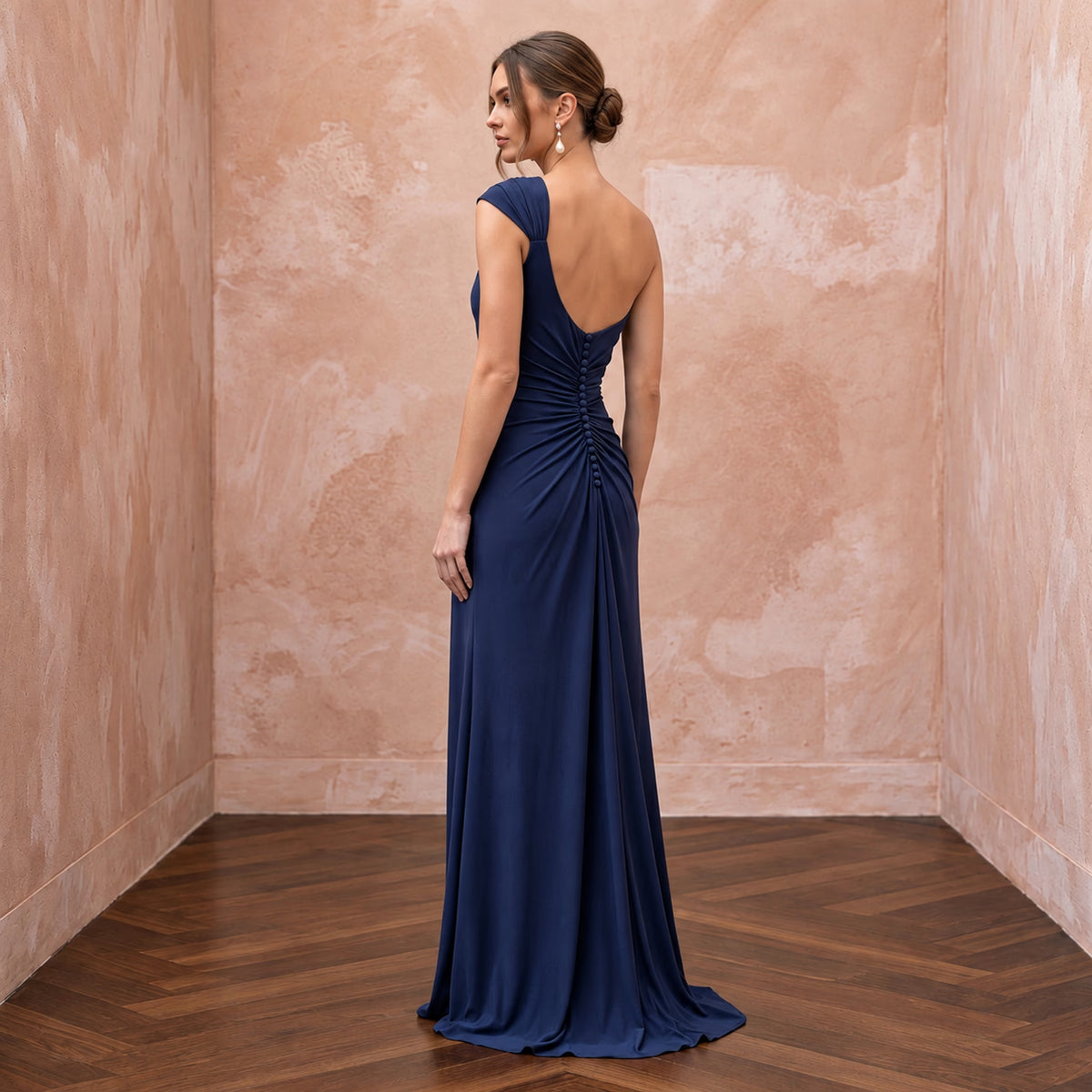 Navy Blue Matte Jersey Draped Grecian One-Shoulder Maxi Dress