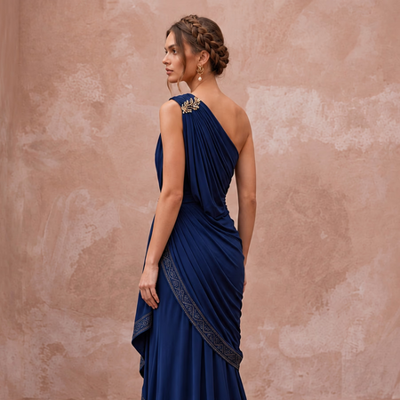 Navy Blue Matte Jersey Draped Grecian One-Shoulder Maxi Dress