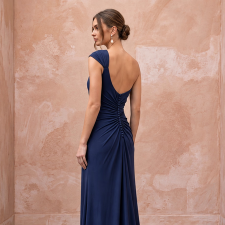 Navy Blue Matte Jersey Draped Grecian One-Shoulder Maxi Dress