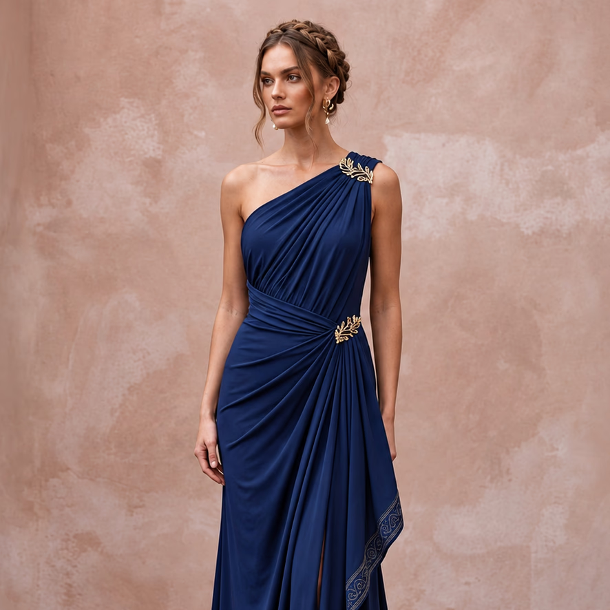 Navy Blue Matte Jersey Draped Grecian One-Shoulder Maxi Dress