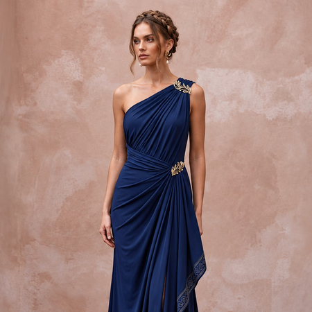 Navy Blue Matte Jersey Draped Grecian One-Shoulder Maxi Dress