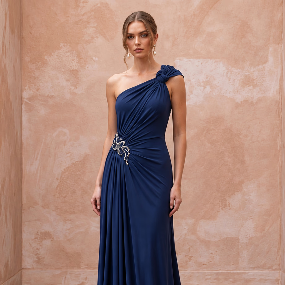 Navy Blue Matte Jersey Draped Grecian One-Shoulder Maxi Dress