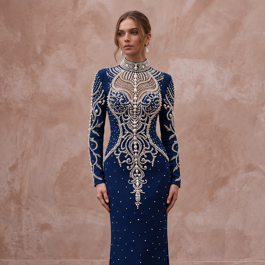 Navy Blue Pearl Embellished High Neck Column Evening Gown