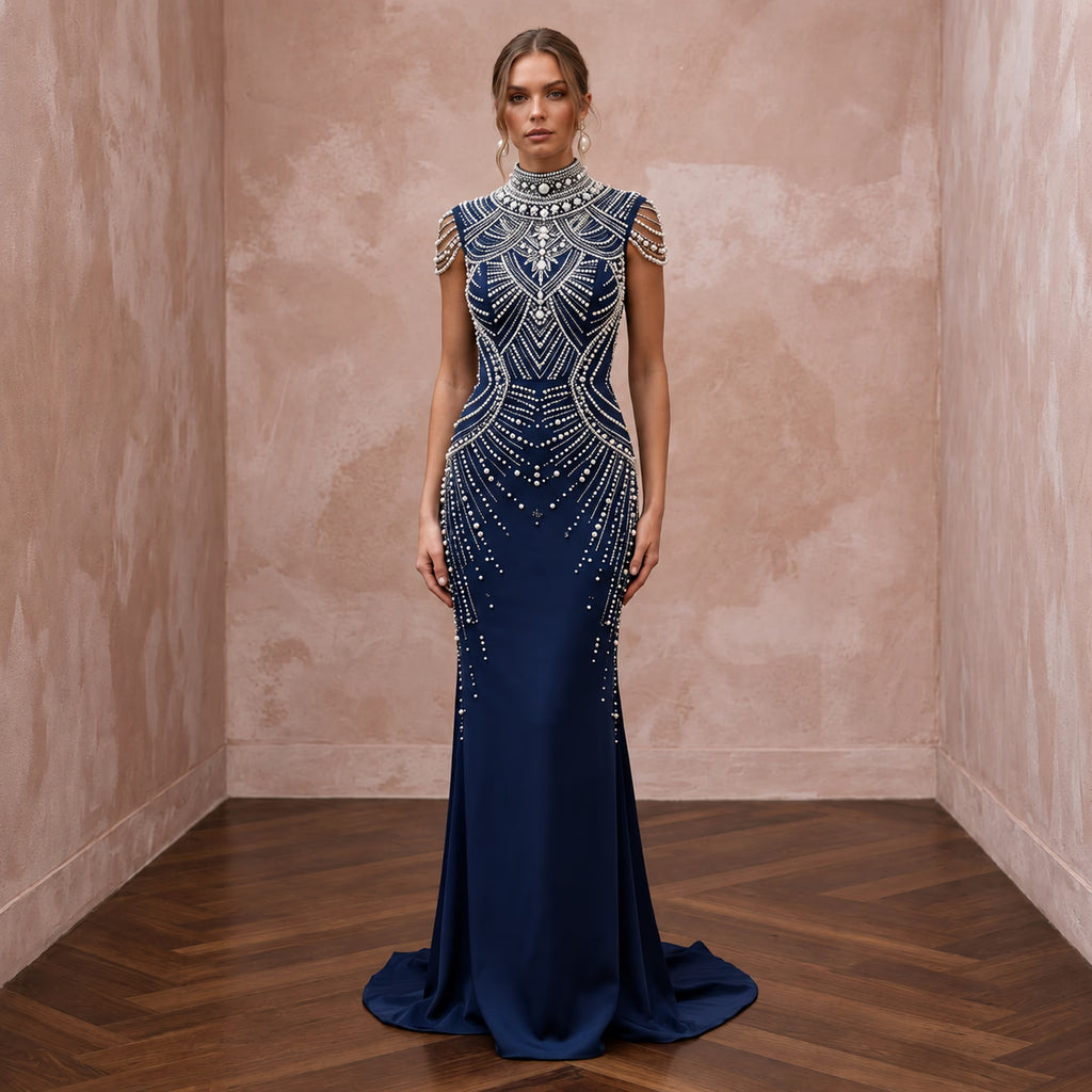 Navy Blue Pearl Embellished High Neck Column Evening Gown