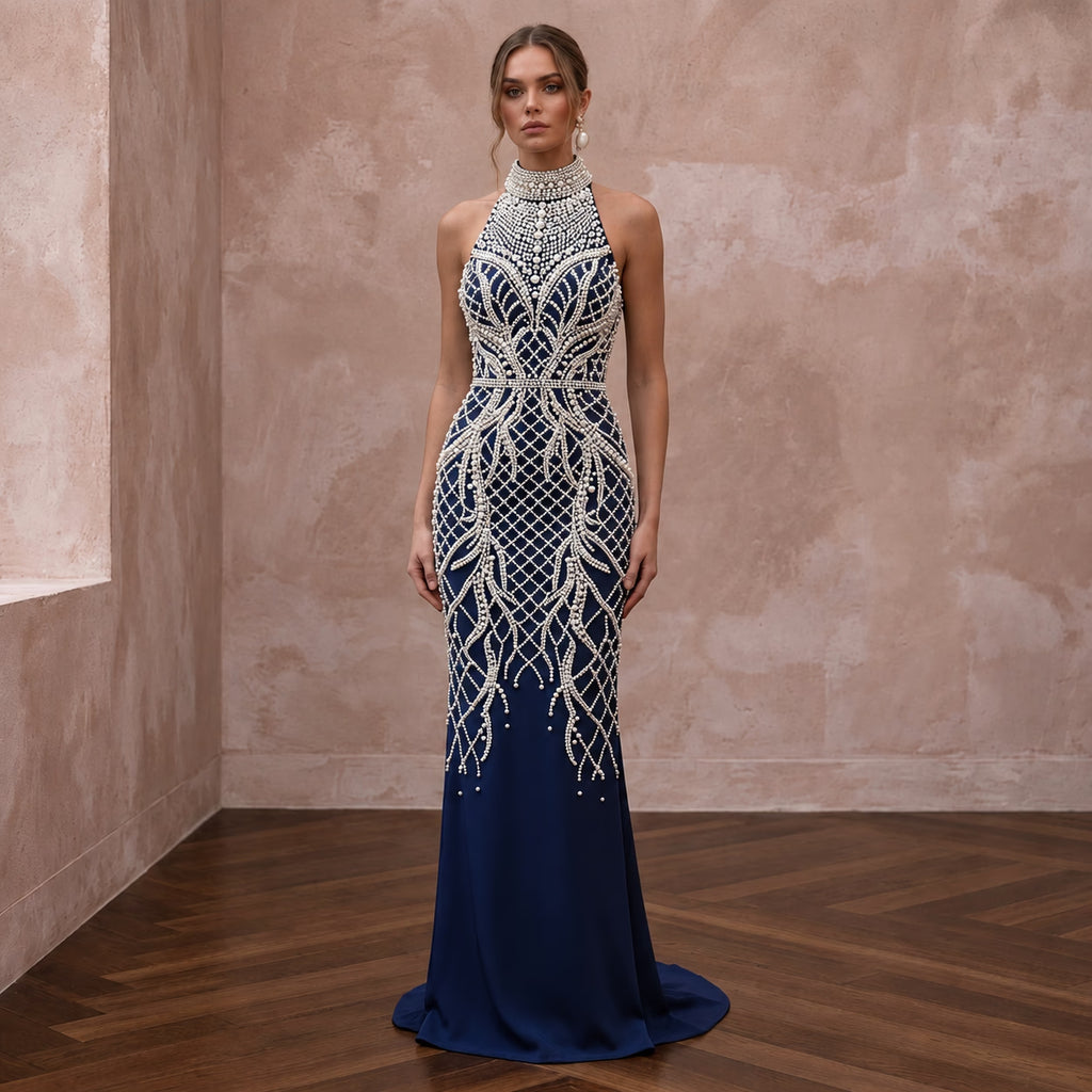 Navy Blue Pearl Embellished High Neck Column Evening Gown - Apparel & Accessories > Clothing > Wedding & Bridal Party Dresses > Wedding Dresses - Mignonette Bridal
