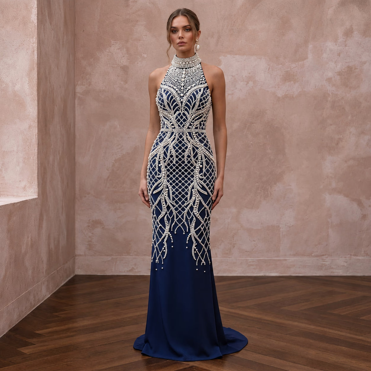 Navy Blue Pearl Embellished High Neck Column Evening Gown - Apparel & Accessories > Clothing > Wedding & Bridal Party Dresses > Wedding Dresses - Mignonette Bridal