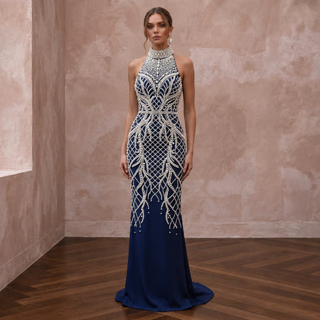 Navy Blue Pearl Embellished High Neck Column Evening Gown - Apparel & Accessories > Clothing > Wedding & Bridal Party Dresses > Wedding Dresses - Mignonette Bridal