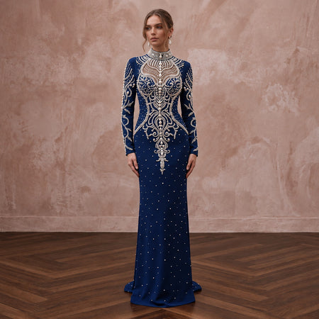 Navy Blue Pearl Embellished High Neck Column Evening Gown