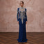 Navy Blue Pearl Embellished High Neck Column Evening Gown