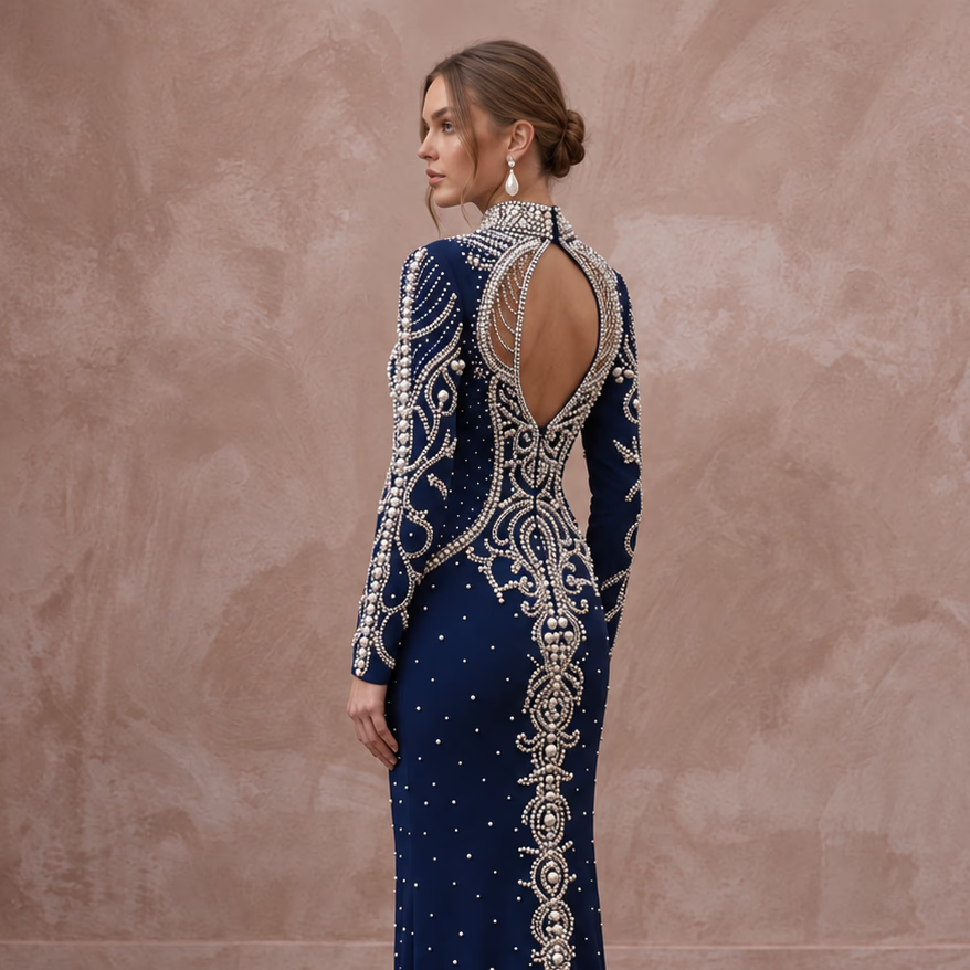 Navy Blue Pearl Embellished High Neck Column Evening Gown