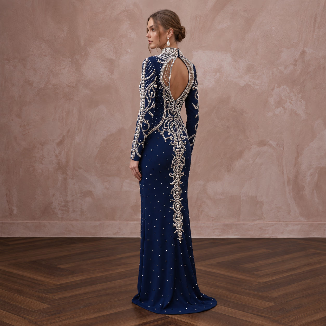 Navy Blue Pearl Embellished High Neck Column Evening Gown Secondary image